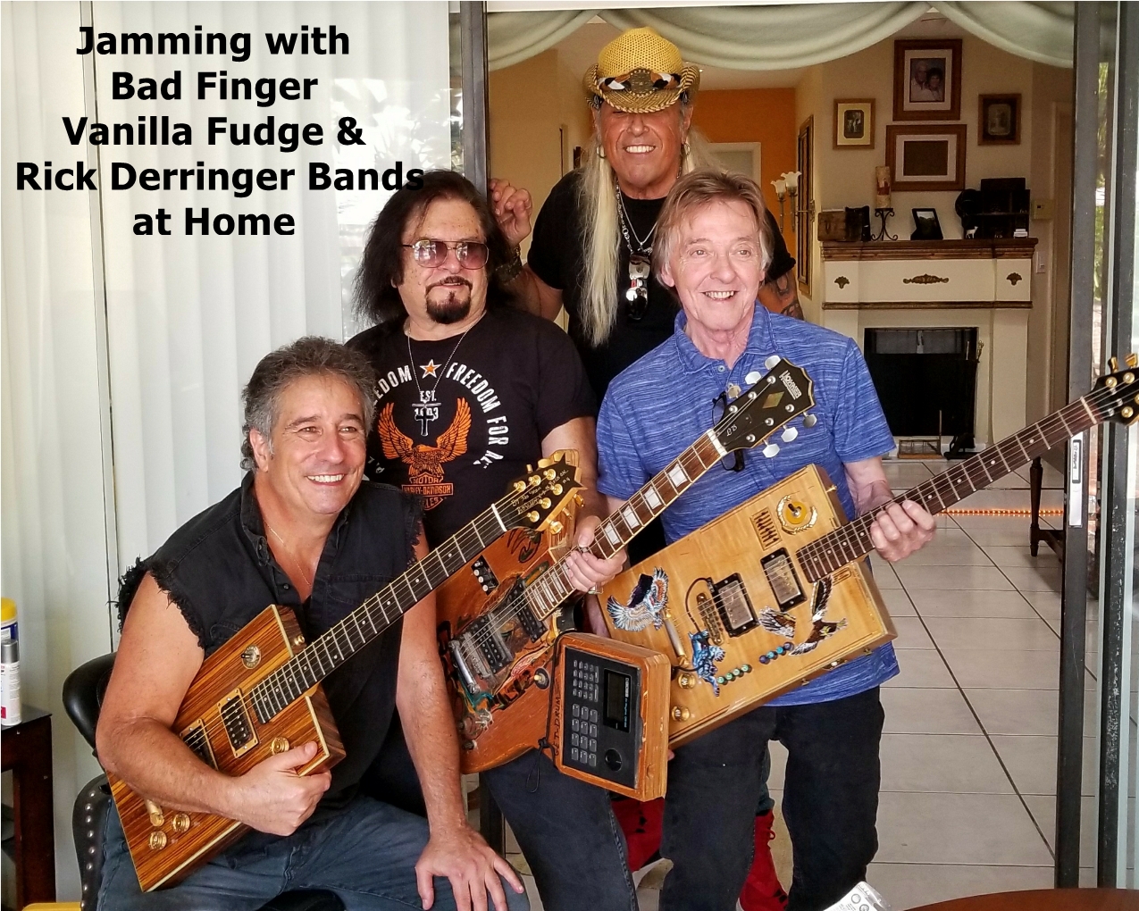 Personal video of Grammy Award–winning rock and roll legends from Badfinger, Vanilla Fudge, and Rick Derringer bands sharing a private jam session at Charlie Tona’s home, playing music and celebrating friendship.